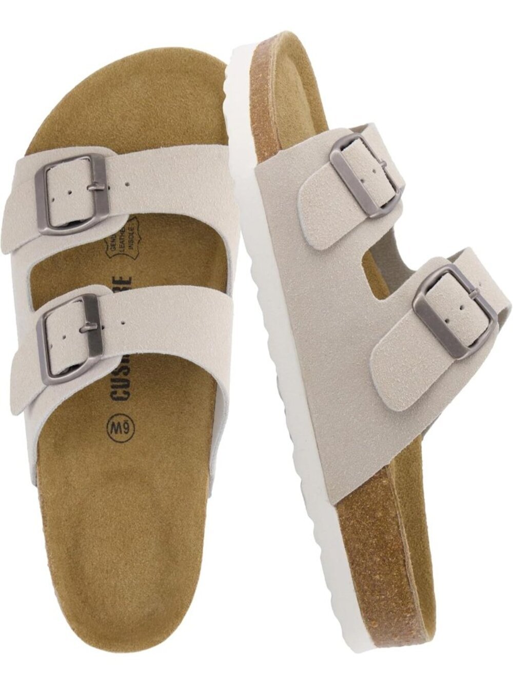 Women's Stone Suede Footbed Sandals Comfort Double Buckle Two Strap Flats Shoes
